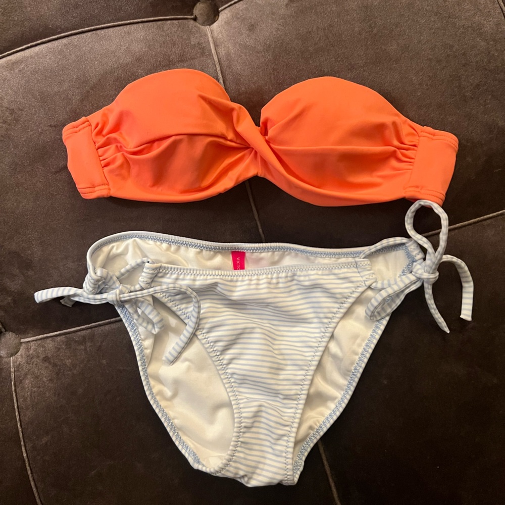 Victoria’s Secret Coral Bandeau/Blue & White Stripped Bikini Set 32A & Sm /NWOT